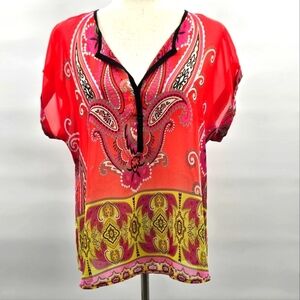 Wrapper‎ Colorful Boho Paisley Sheer Y Neck Top Orange Red Yellow & Pink